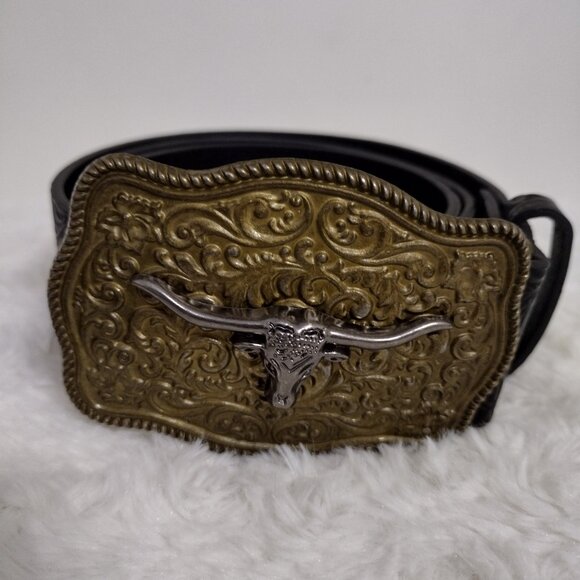Western Longhorn Skull Statement Belt Engraved Gold Buckle Ranch Style - Picture 3 of 12